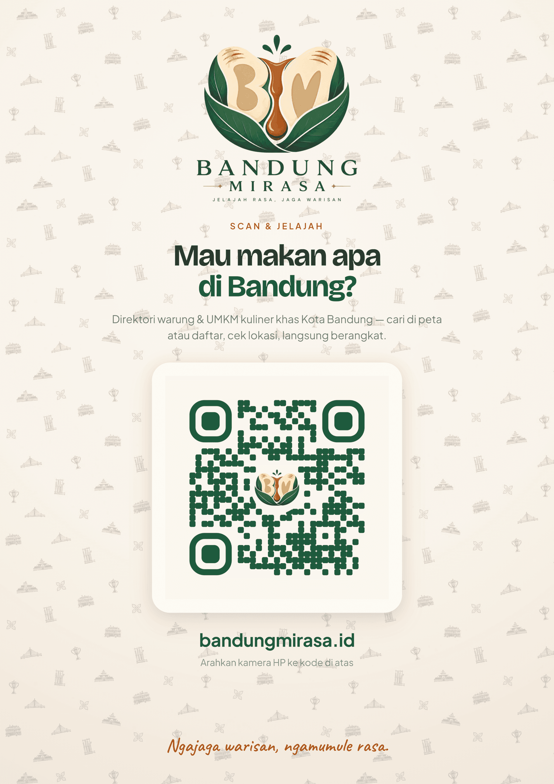 Pratinjau poster A4 Bandung Mirasa berisi lambang, kode QR, dan alamat situs